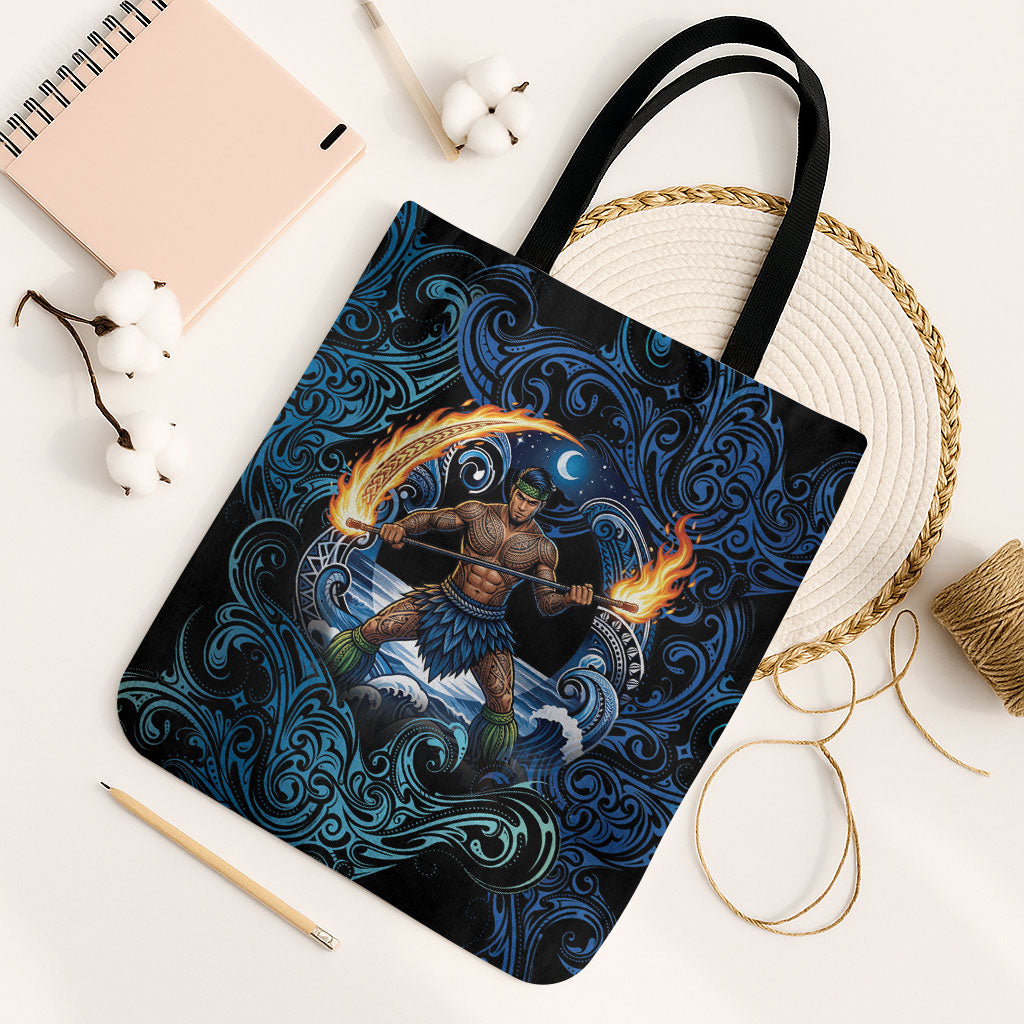 Samoa Siva Afi Tote Bag Fireknife Fire Dance Pacific Tribal Motif LT9 Black Strap One Size Blue - Polynesian Pride