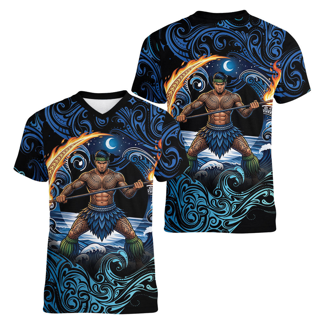 Samoa Siva Afi Women V-Neck T-Shirt Fireknife Fire Dance Pacific Tribal Motif