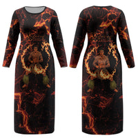 Samoa Siva Afi Dance Fireknife Couples Matching Long Sleeve Bodycon Dress and Hawaiian Shirt Polynesian Heritage Fire Dance
