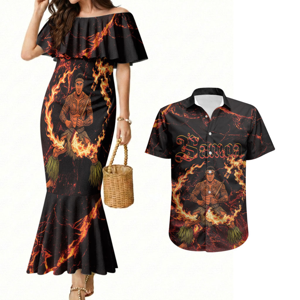Samoa Siva Afi Dance Fireknife Couples Matching Mermaid Dress and Hawaiian Shirt Polynesian Heritage Fire Dance