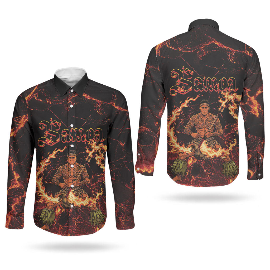 Samoa Siva Afi Dance Fireknife Couples Matching Off Shoulder Maxi Dress and Long Sleeve Button Shirt Polynesian Heritage Fire Dance