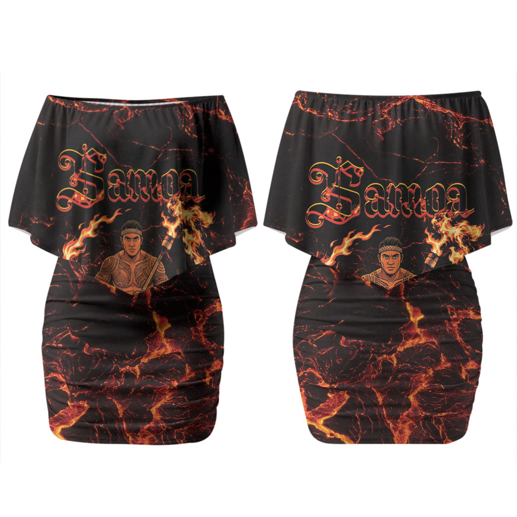 Samoa Siva Afi Dance Fireknife Couples Matching Off Shoulder Short Dress and Long Sleeve Button Shirt Polynesian Heritage Fire Dance