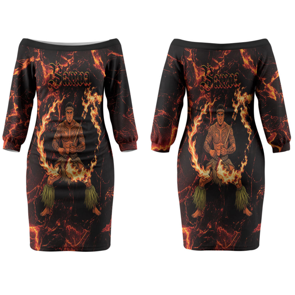 Samoa Siva Afi Dance Fireknife Couples Matching Off The Shoulder Long Sleeve Dress and Hawaiian Shirt Polynesian Heritage Fire Dance