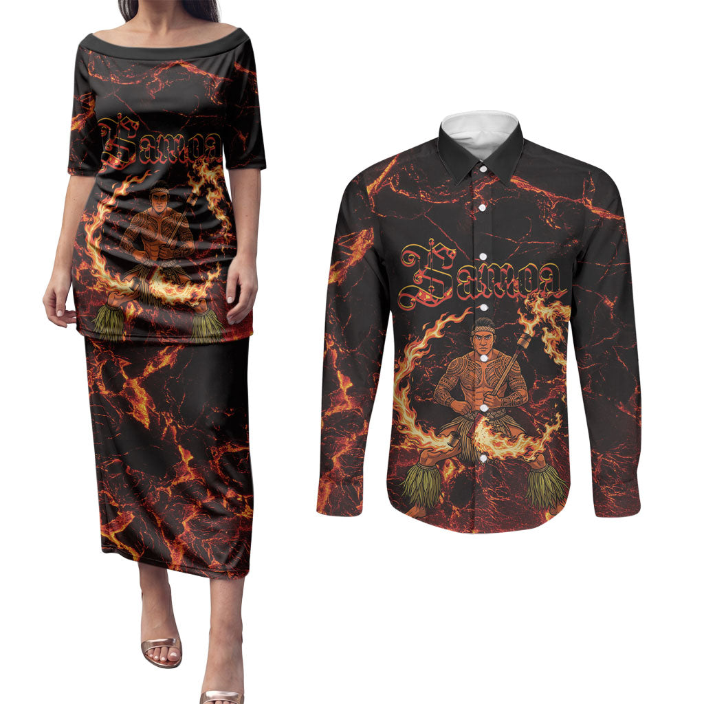 Samoa Siva Afi Dance Fireknife Couples Matching Puletasi and Long Sleeve Button Shirt Polynesian Heritage Fire Dance