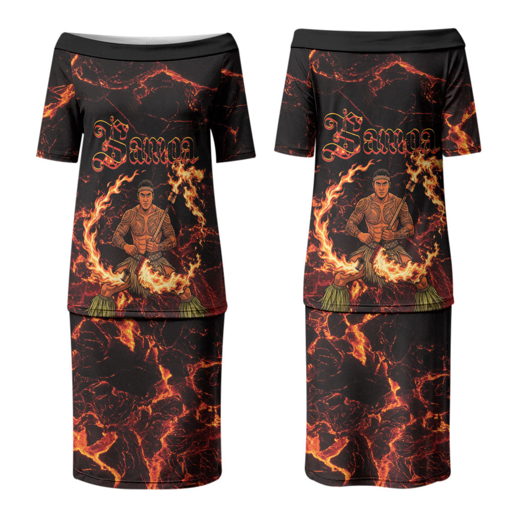 Samoa Siva Afi Dance Fireknife Couples Matching Puletasi and Long Sleeve Button Shirt Polynesian Heritage Fire Dance