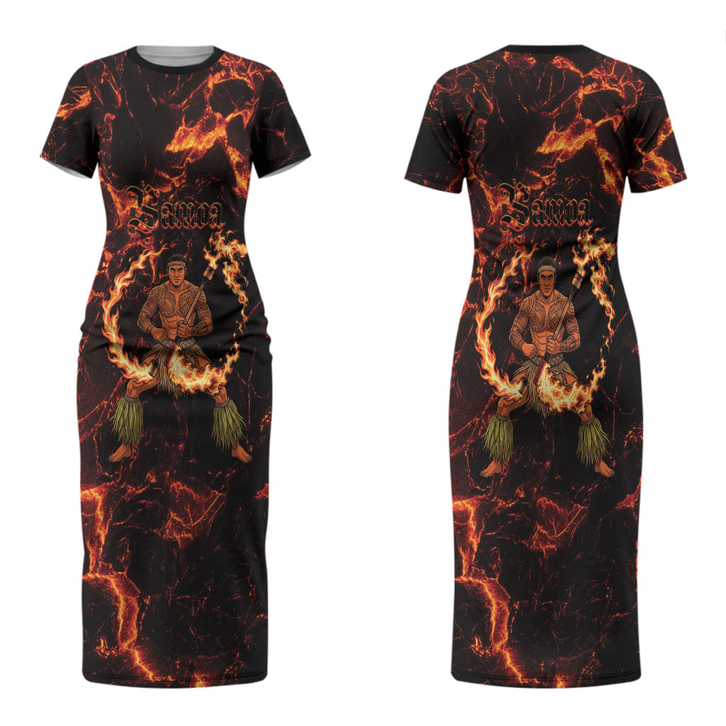 Samoa Siva Afi Dance Fireknife Couples Matching Short Sleeve Bodycon Dress and Long Sleeve Button Shirt Polynesian Heritage Fire Dance