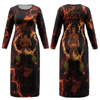 Samoa Siva Afi Dance Fireknife Family Matching Long Sleeve Bodycon Dress and Hawaiian Shirt Polynesian Heritage Fire Dance