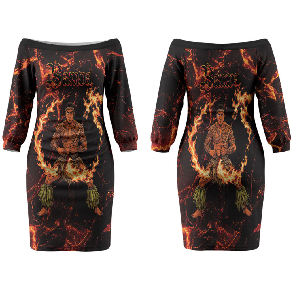 Samoa Siva Afi Dance Fireknife Family Matching Off The Shoulder Long Sleeve Dress and Hawaiian Shirt Polynesian Heritage Fire Dance