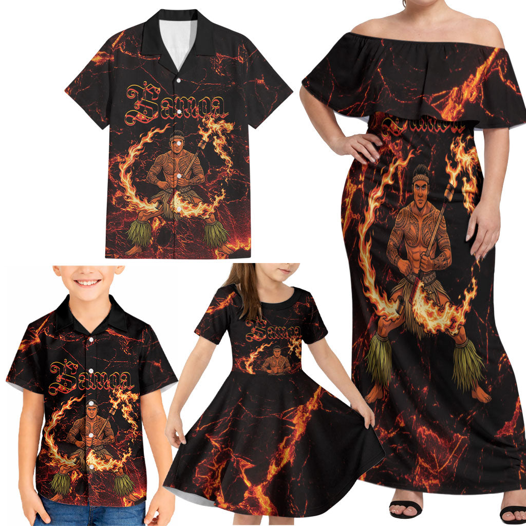 Samoa Siva Afi Dance Fireknife Family Matching Off Shoulder Maxi Dress and Hawaiian Shirt Polynesian Heritage Fire Dance