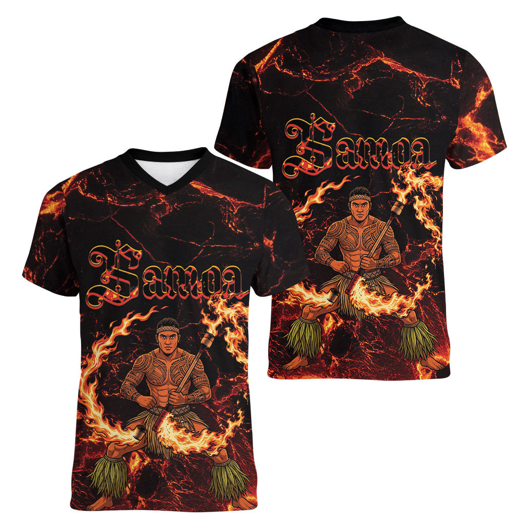 Samoa Siva Afi Dance Fireknife Women V-Neck T-Shirt Polynesian Heritage Fire Dance