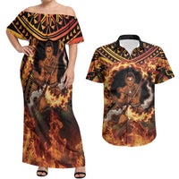 Samoa Siva Afi Dance Fireknife Couples Matching Off Shoulder Maxi Dress and Hawaiian Shirt Samoan Tribal Motif Dancing in the Fire