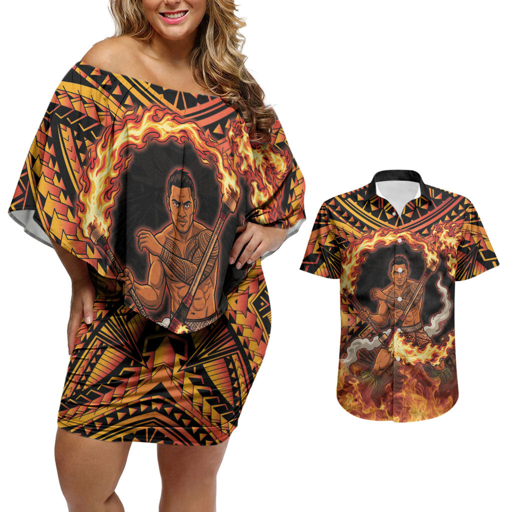 Samoa Siva Afi Dance Fireknife Couples Matching Off Shoulder Short Dress and Hawaiian Shirt Samoan Tribal Motif Dancing in the Fire