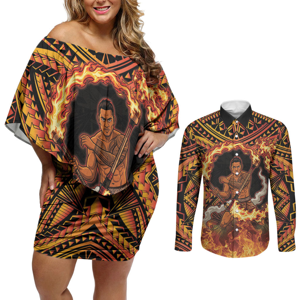 Samoa Siva Afi Dance Fireknife Couples Matching Off Shoulder Short Dress and Long Sleeve Button Shirt Samoan Tribal Motif Dancing in the Fire