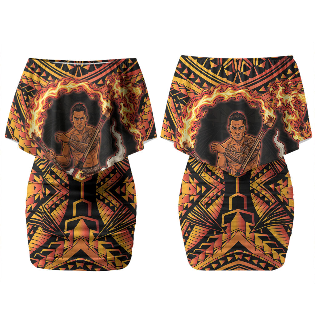 Samoa Siva Afi Dance Fireknife Couples Matching Off Shoulder Short Dress and Long Sleeve Button Shirt Samoan Tribal Motif Dancing in the Fire