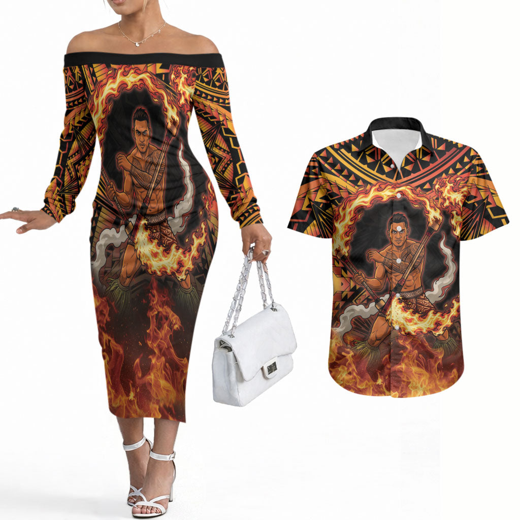 Samoa Siva Afi Dance Fireknife Couples Matching Off The Shoulder Long Sleeve Dress and Hawaiian Shirt Samoan Tribal Motif Dancing in the Fire