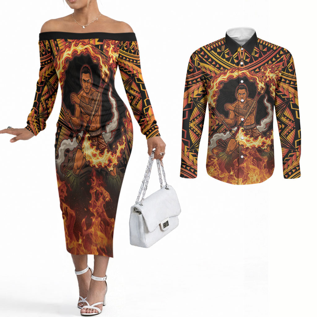 Samoa Siva Afi Dance Fireknife Couples Matching Off The Shoulder Long Sleeve Dress and Long Sleeve Button Shirt Samoan Tribal Motif Dancing in the Fire