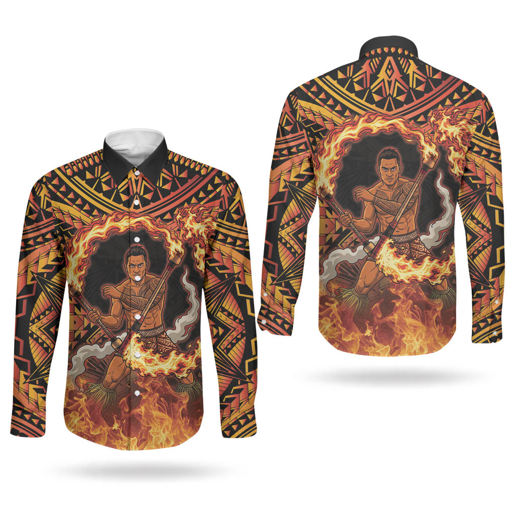 Samoa Siva Afi Dance Fireknife Couples Matching Off The Shoulder Long Sleeve Dress and Long Sleeve Button Shirt Samoan Tribal Motif Dancing in the Fire