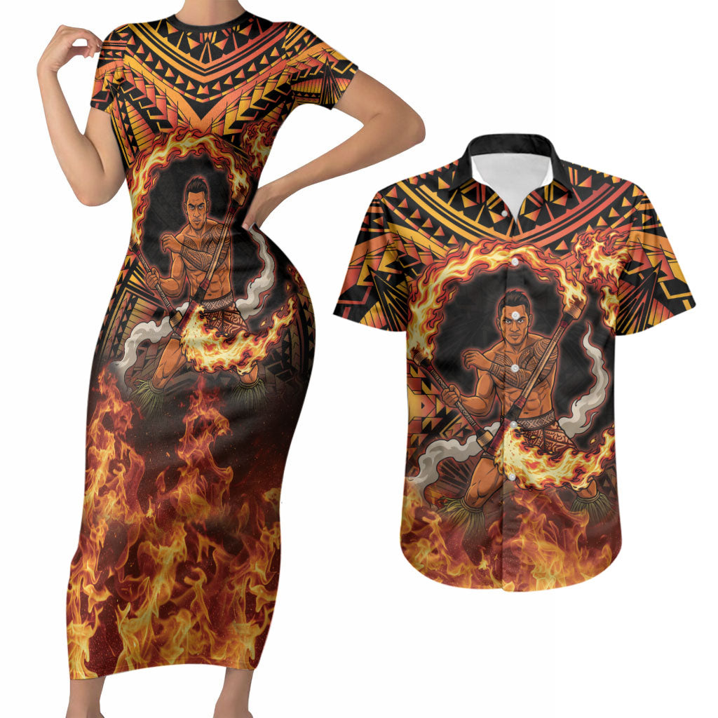 Samoa Siva Afi Dance Fireknife Couples Matching Short Sleeve Bodycon Dress and Hawaiian Shirt Samoan Tribal Motif Dancing in the Fire