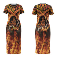 Samoa Siva Afi Dance Fireknife Couples Matching Short Sleeve Bodycon Dress and Hawaiian Shirt Samoan Tribal Motif Dancing in the Fire