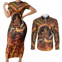 Samoa Siva Afi Dance Fireknife Couples Matching Short Sleeve Bodycon Dress and Long Sleeve Button Shirt Samoan Tribal Motif Dancing in the Fire