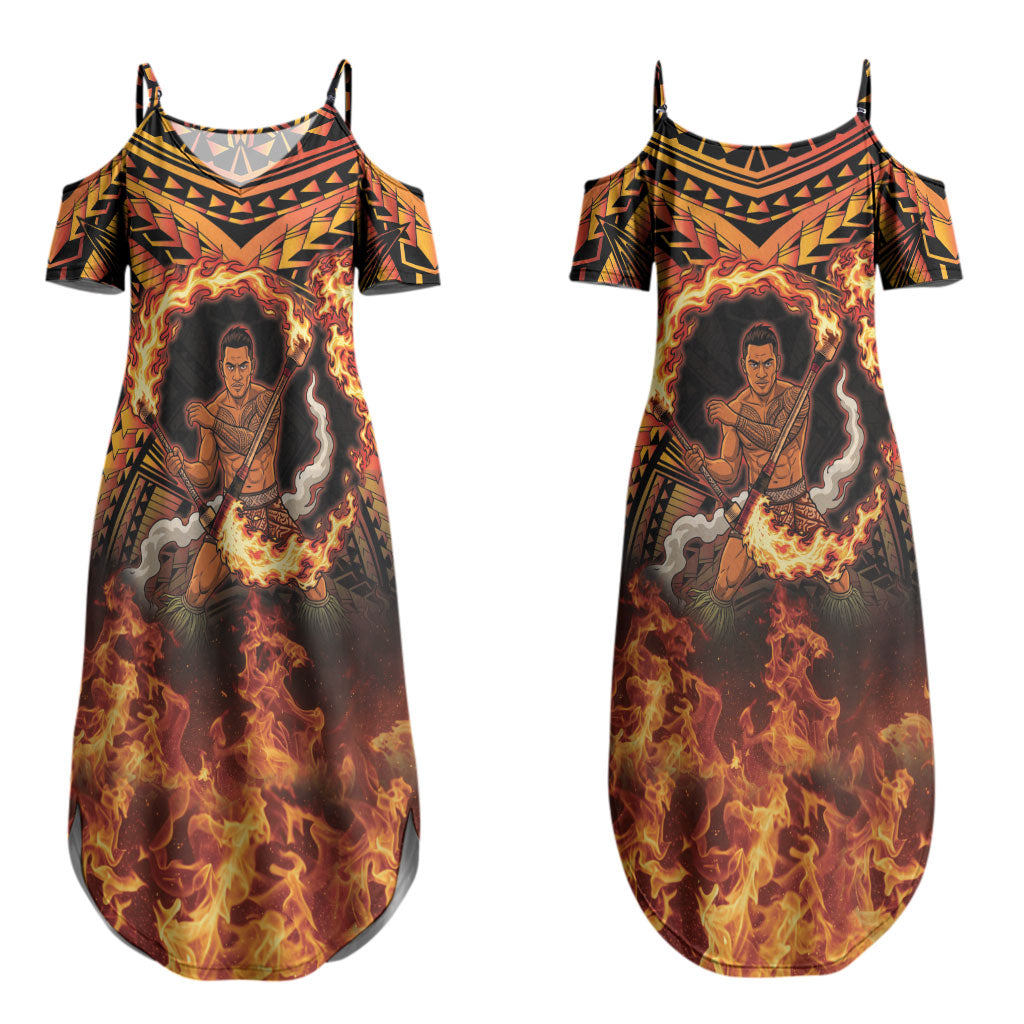 Samoa Siva Afi Dance Fireknife Couples Matching Summer Maxi Dress and Long Sleeve Button Shirt Samoan Tribal Motif Dancing in the Fire