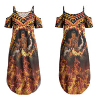 Samoa Siva Afi Dance Fireknife Couples Matching Summer Maxi Dress and Long Sleeve Button Shirt Samoan Tribal Motif Dancing in the Fire