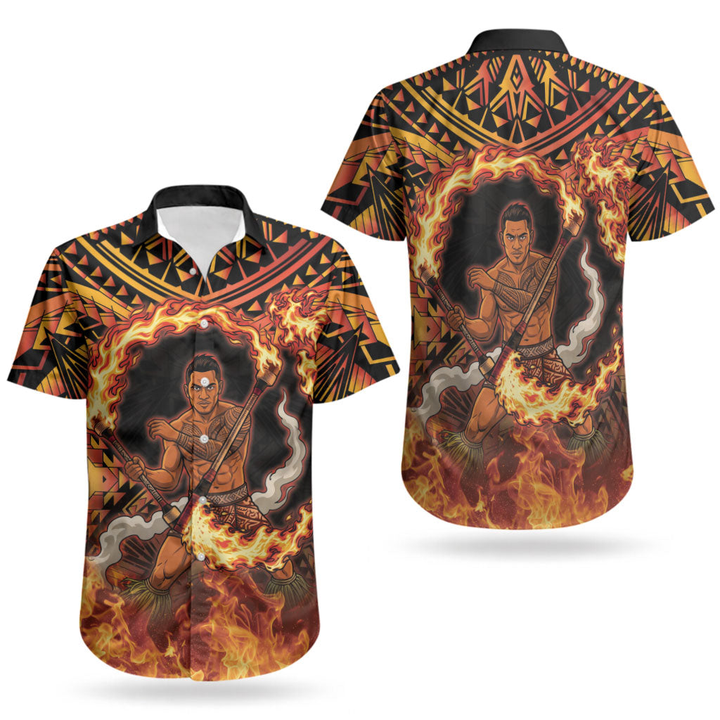Samoa Siva Afi Dance Fireknife Couples Matching Tank Maxi Dress and Hawaiian Shirt Samoan Tribal Motif Dancing in the Fire