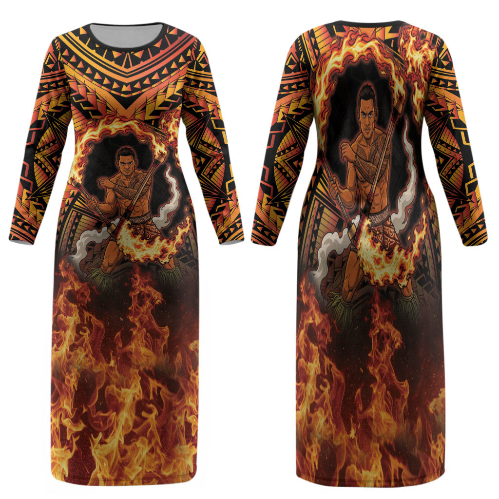 Samoa Siva Afi Dance Fireknife Family Matching Long Sleeve Bodycon Dress and Hawaiian Shirt Samoan Tribal Motif Dancing in the Fire