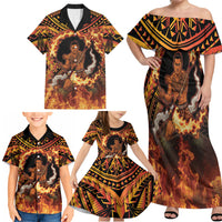 Samoa Siva Afi Dance Fireknife Family Matching Off Shoulder Maxi Dress and Hawaiian Shirt Samoan Tribal Motif Dancing in the Fire