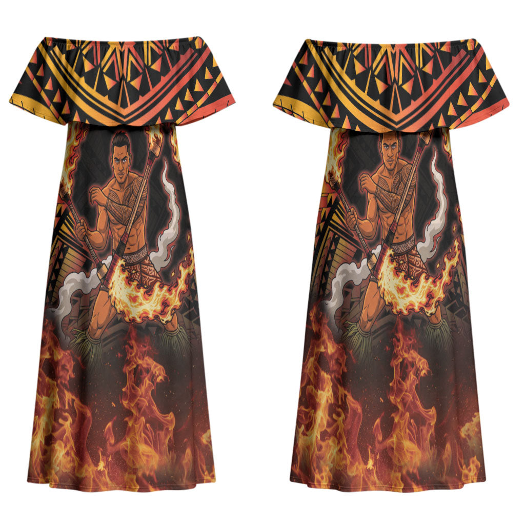 Samoa Siva Afi Dance Fireknife Family Matching Off Shoulder Maxi Dress and Hawaiian Shirt Samoan Tribal Motif Dancing in the Fire