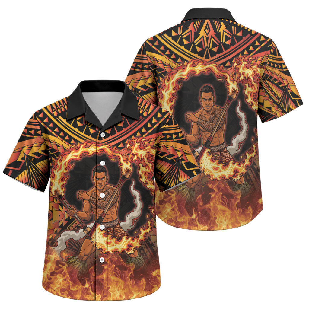 Samoa Siva Afi Dance Fireknife Family Matching Tank Maxi Dress and Hawaiian Shirt Samoan Tribal Motif Dancing in the Fire