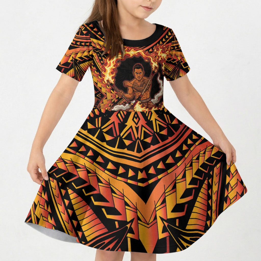 Samoa Siva Afi Dance Fireknife Kid Short Sleeve Dress Samoan Tribal Motif Dancing in the Fire