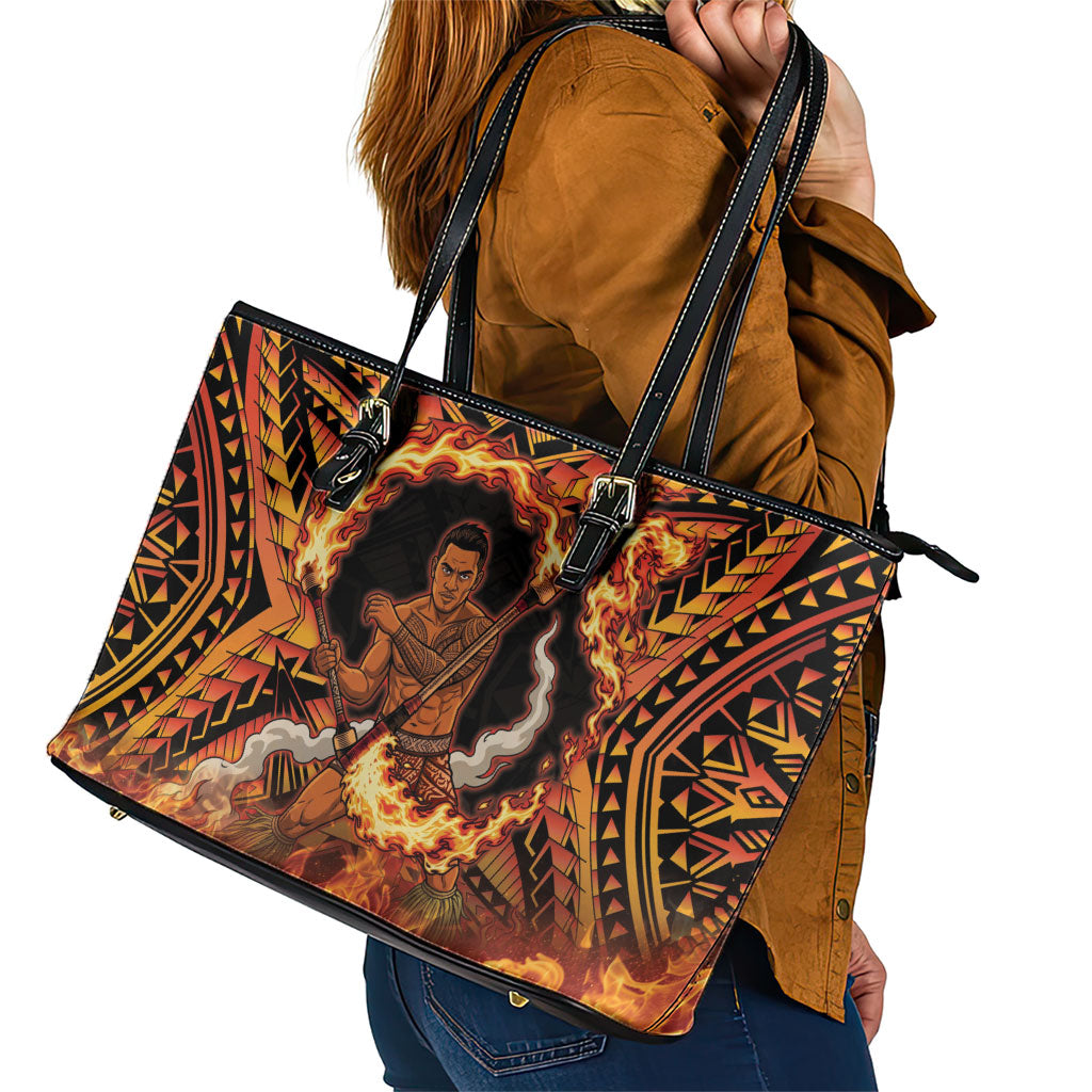 Samoa Siva Afi Dance Fireknife Leather Tote Bag Samoan Tribal Motif Dancing in the Fire