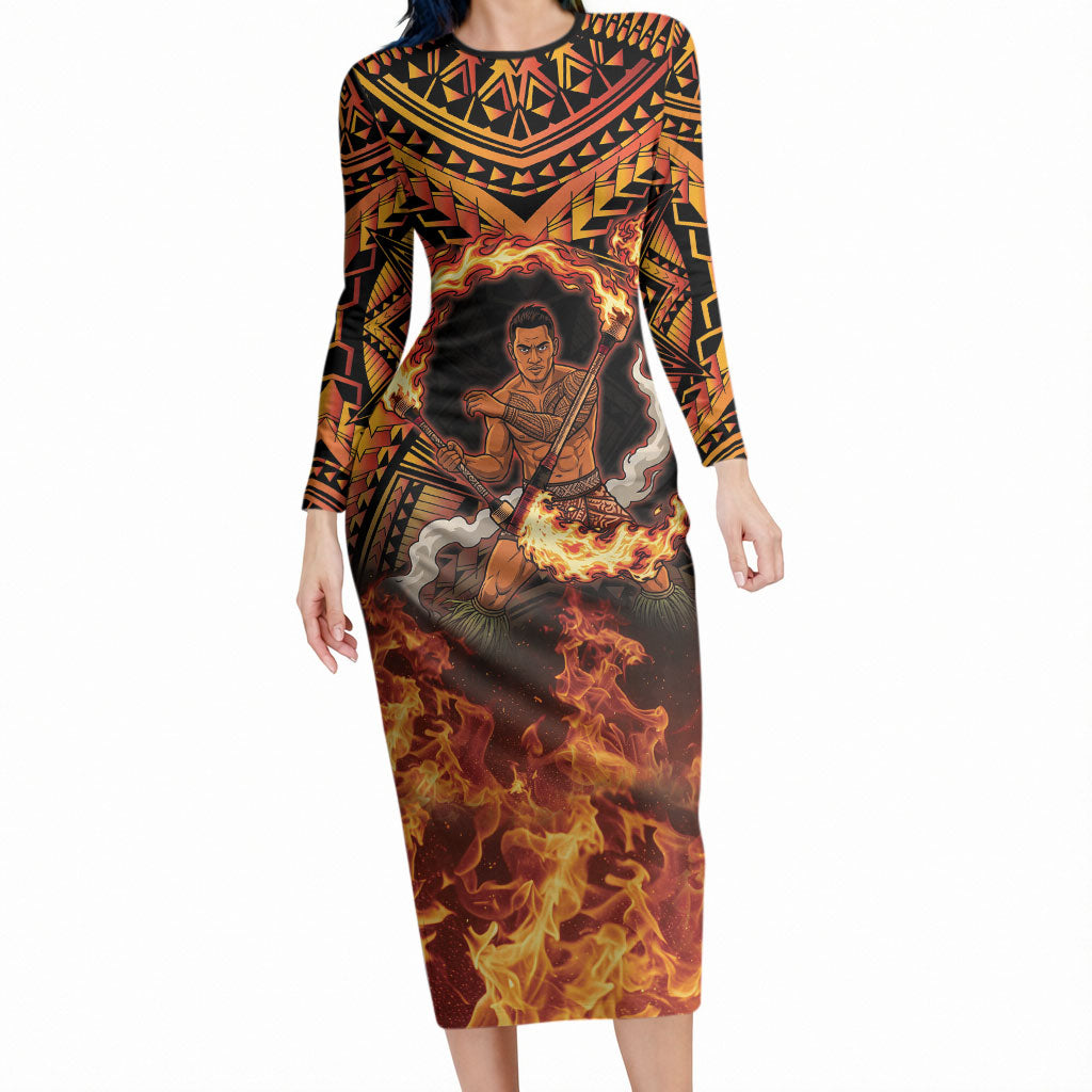 Samoa Siva Afi Dance Fireknife Long Sleeve Bodycon Dress Samoan Tribal Motif Dancing in the Fire