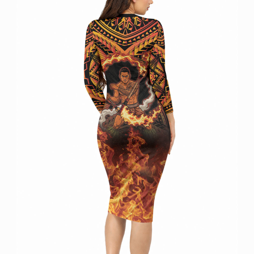 Samoa Siva Afi Dance Fireknife Long Sleeve Bodycon Dress Samoan Tribal Motif Dancing in the Fire