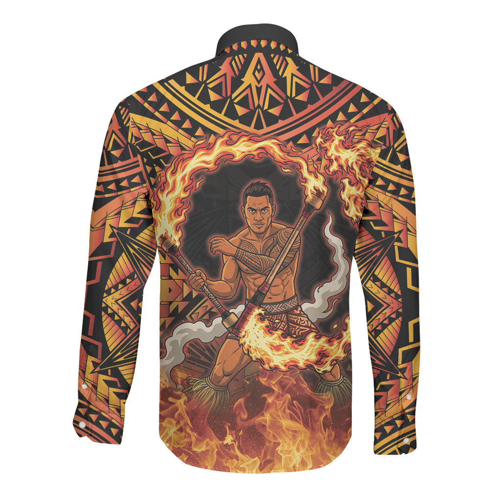 Samoa Siva Afi Dance Fireknife Long Sleeve Button Shirt Samoan Tribal Motif Dancing in the Fire