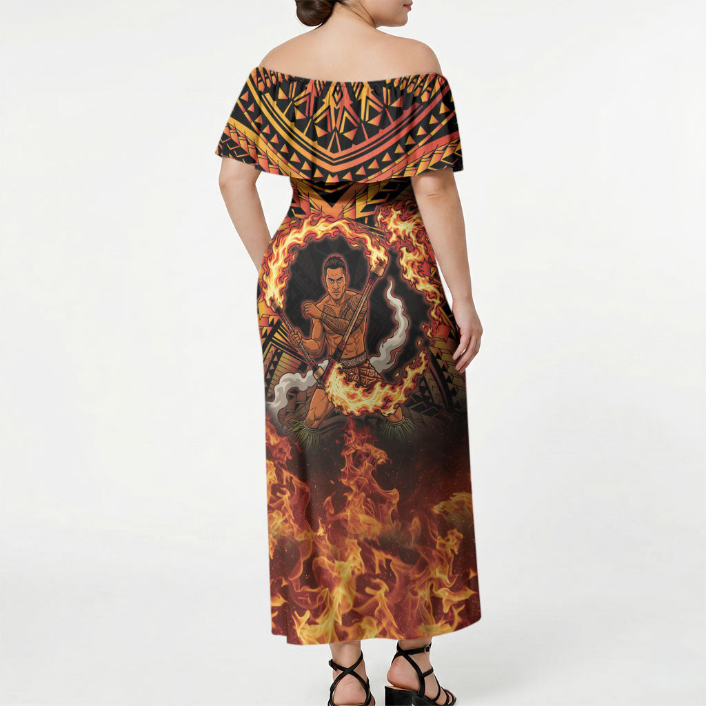 Samoa Siva Afi Dance Fireknife Off Shoulder Maxi Dress Samoan Tribal Motif Dancing in the Fire