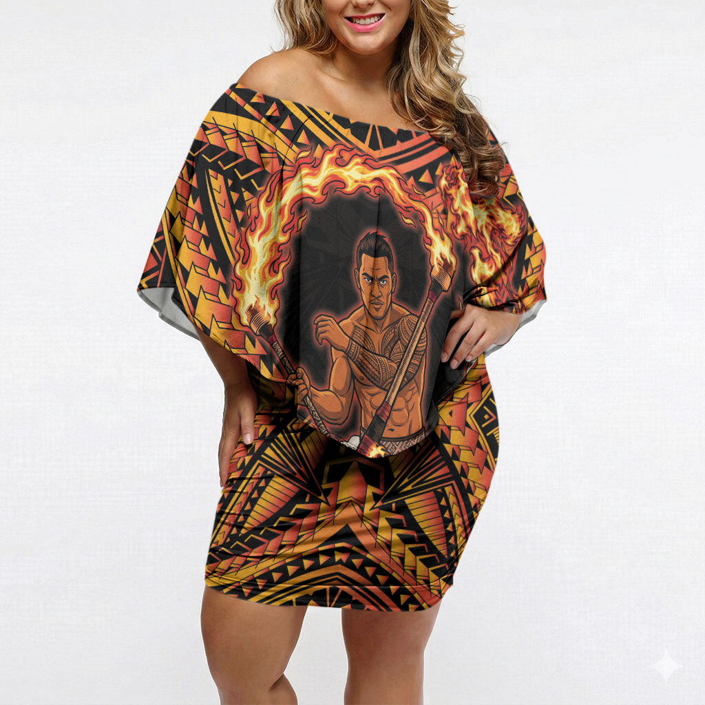 Samoa Siva Afi Dance Fireknife Off Shoulder Short Dress Samoan Tribal Motif Dancing in the Fire