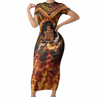 Samoa Siva Afi Dance Fireknife Short Sleeve Bodycon Dress Samoan Tribal Motif Dancing in the Fire