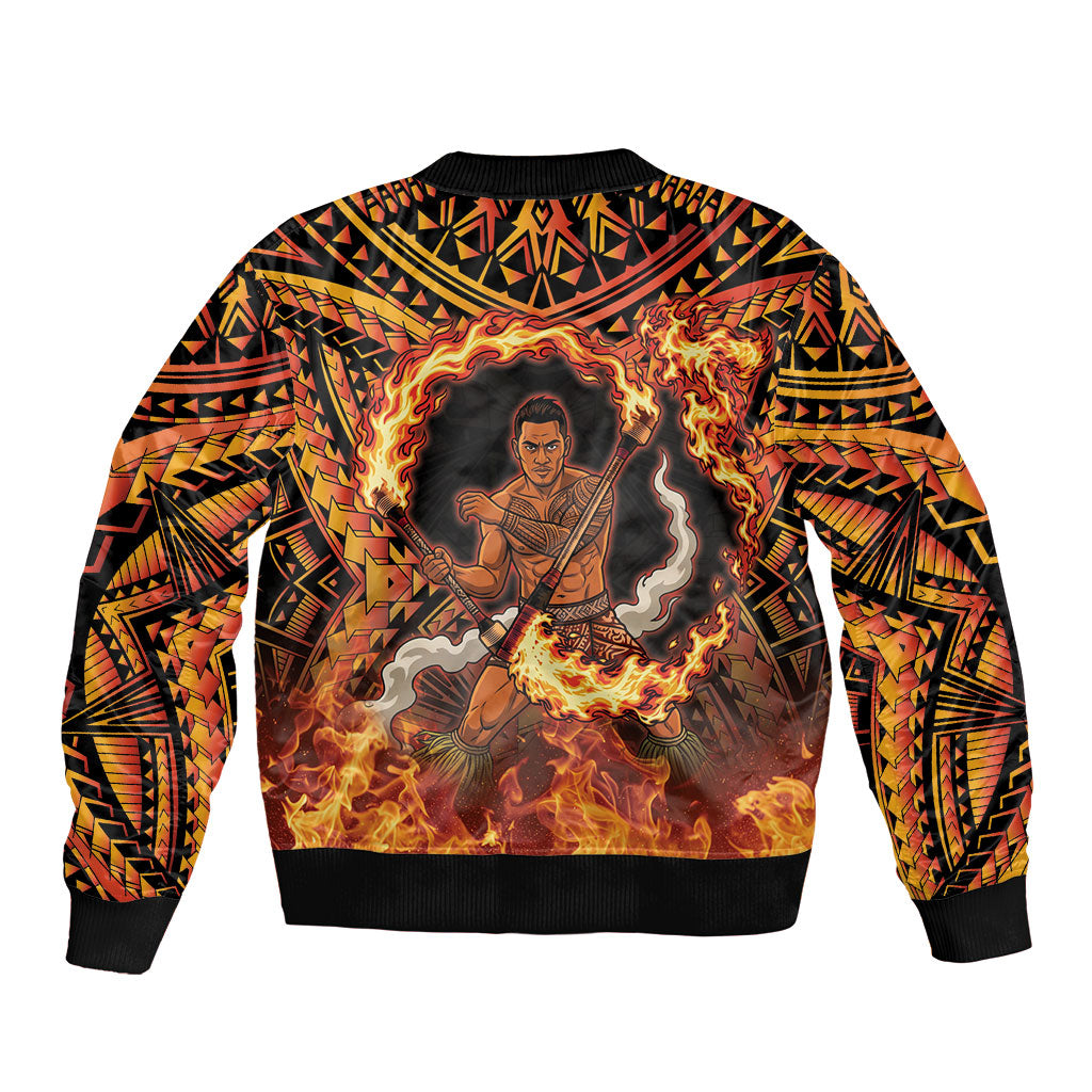 Samoa Siva Afi Dance Fireknife Sleeve Zip Bomber Jacket Samoan Tribal Motif Dancing in the Fire