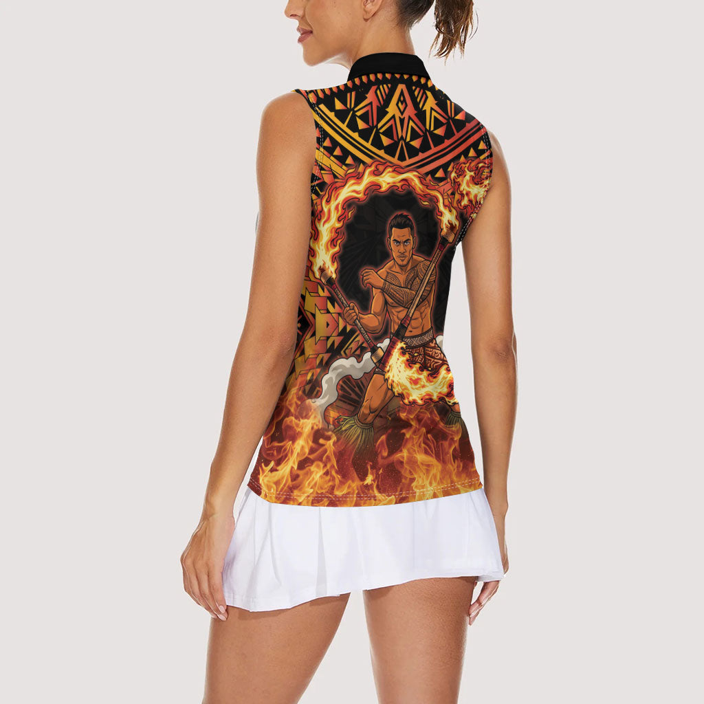 Samoa Siva Afi Dance Fireknife Women Sleeveless Polo Shirt Samoan Tribal Motif Dancing in the Fire