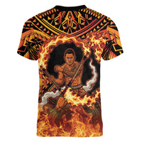 Samoa Siva Afi Dance Fireknife Women V-Neck T-Shirt Samoan Tribal Motif Dancing in the Fire