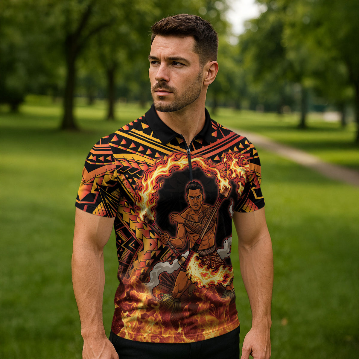 Samoa Siva Afi Dance Fireknife Zipper Polo Shirt Samoan Tribal Motif Dancing in the Fire