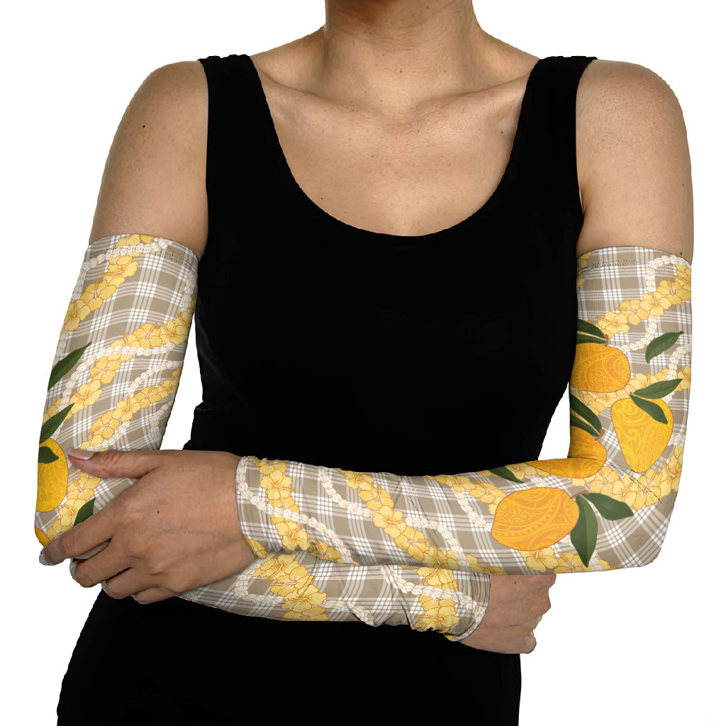 Maku'e Hawaiian Mango Palaka Arm Sleeves Aloha Hibiscus Pikake Lei