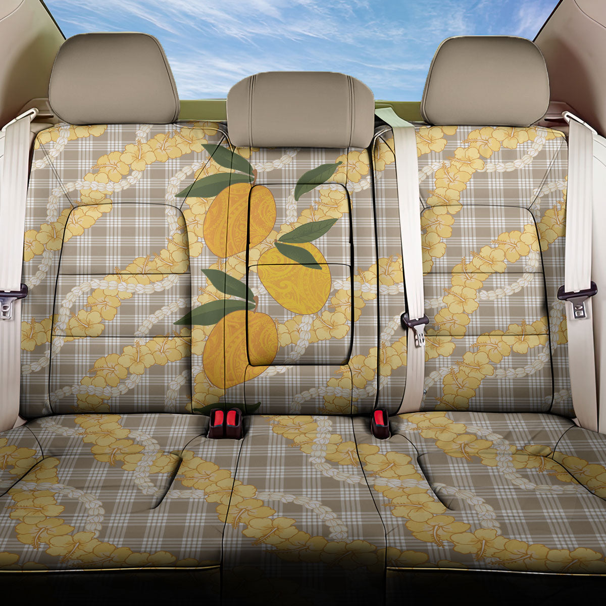 Maku'e Hawaiian Mango Palaka Back Car Seat Cover Aloha Hibiscus Pikake Lei