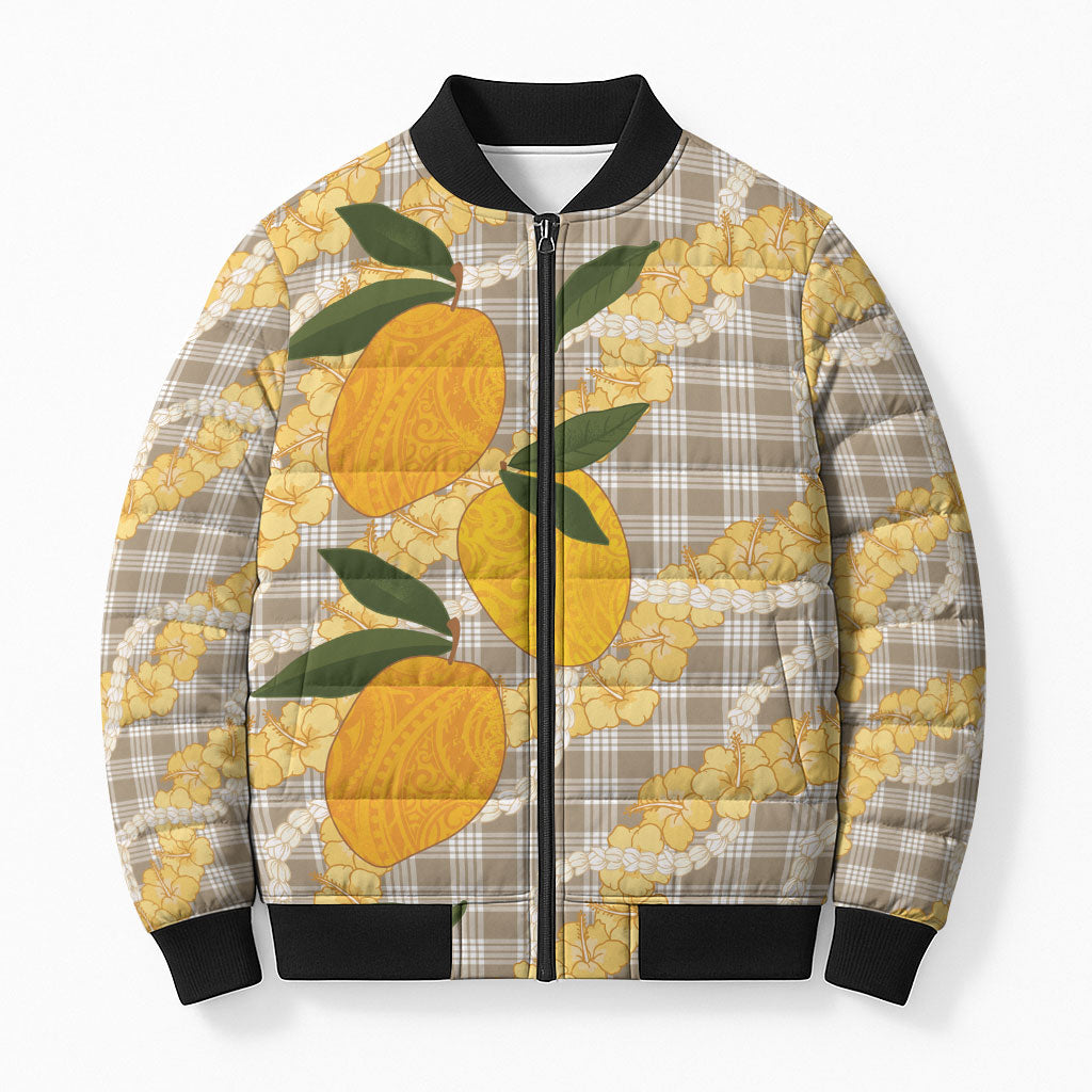Maku'e Hawaiian Mango Palaka Bomber Puffer Jacket Aloha Hibiscus Pikake Lei