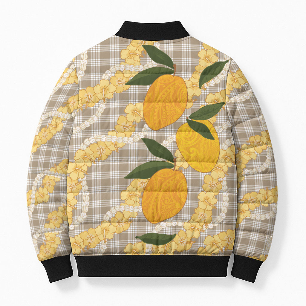 Maku'e Hawaiian Mango Palaka Bomber Puffer Jacket Aloha Hibiscus Pikake Lei