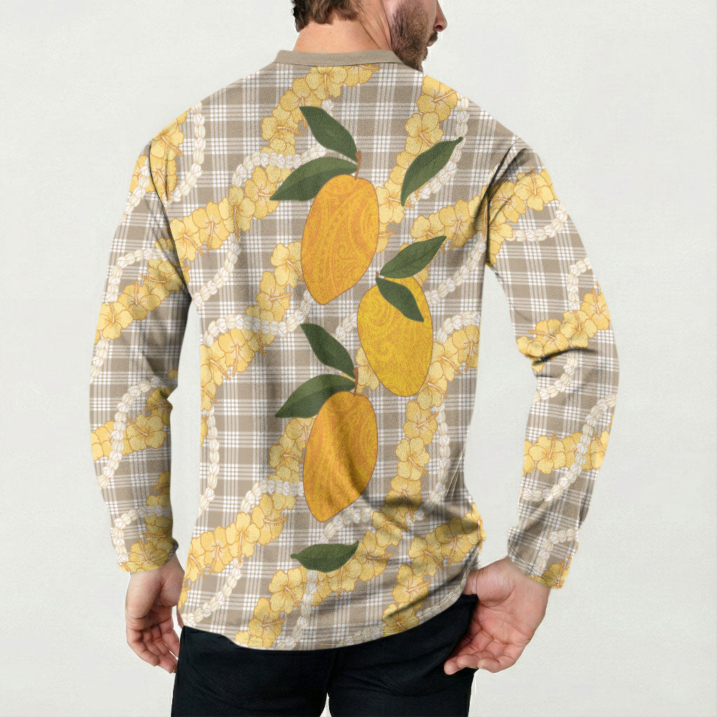 Maku'e Hawaiian Mango Palaka Button Sweatshirt Aloha Hibiscus Pikake Lei