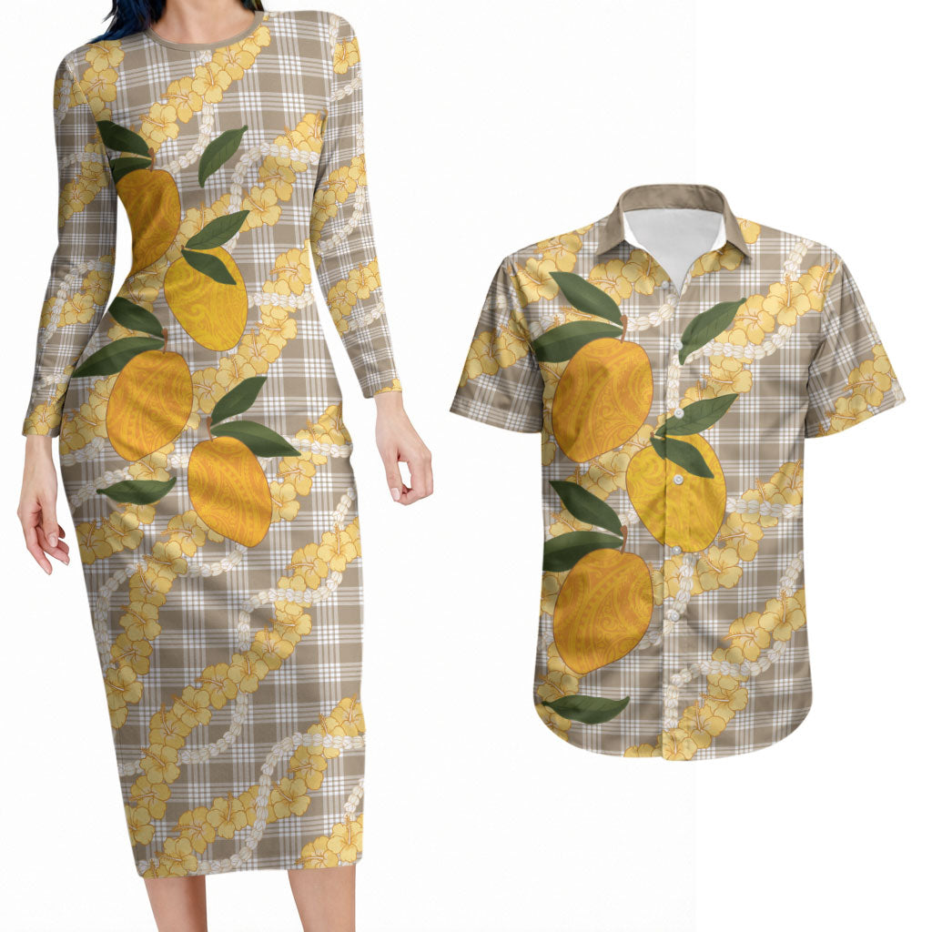 Maku'e Hawaiian Mango Palaka Couples Matching Long Sleeve Bodycon Dress and Hawaiian Shirt Aloha Hibiscus Pikake Lei