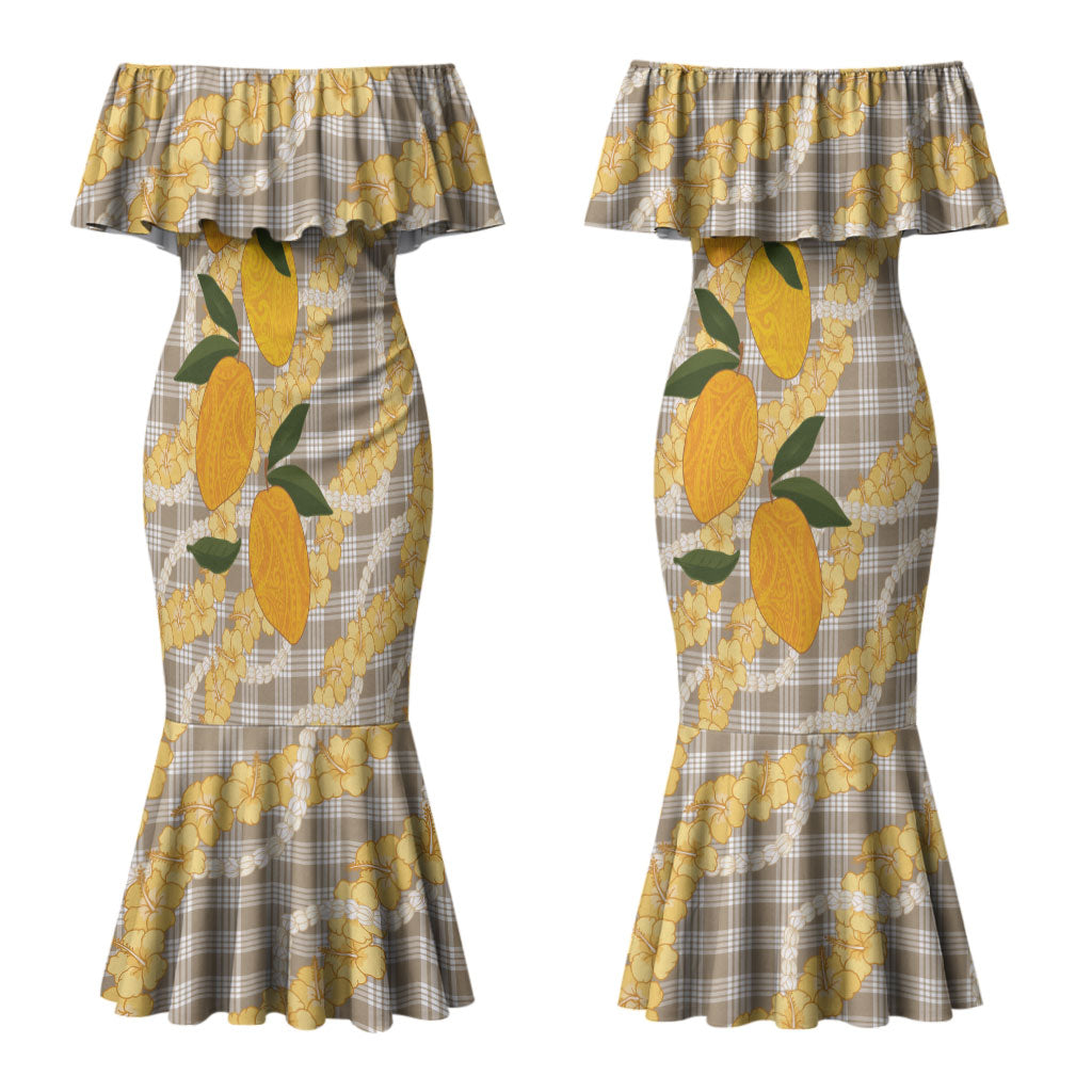Maku'e Hawaiian Mango Palaka Couples Matching Mermaid Dress and Hawaiian Shirt Aloha Hibiscus Pikake Lei